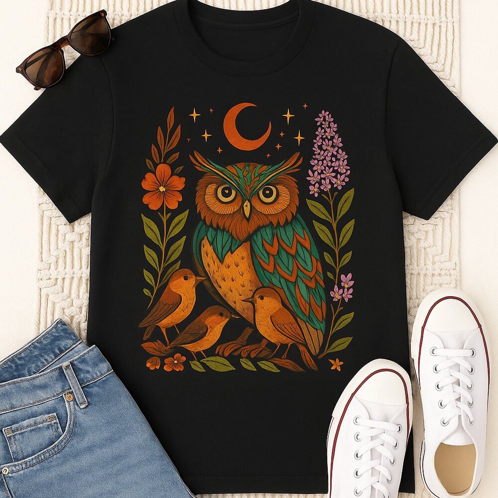 Boho Owl Graphic T-Shirt - Size L - 100% Cotton - Original Artist Design - NWT